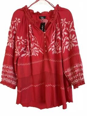 NEW APNY women's geranium embroidered top in red with white embroidery
